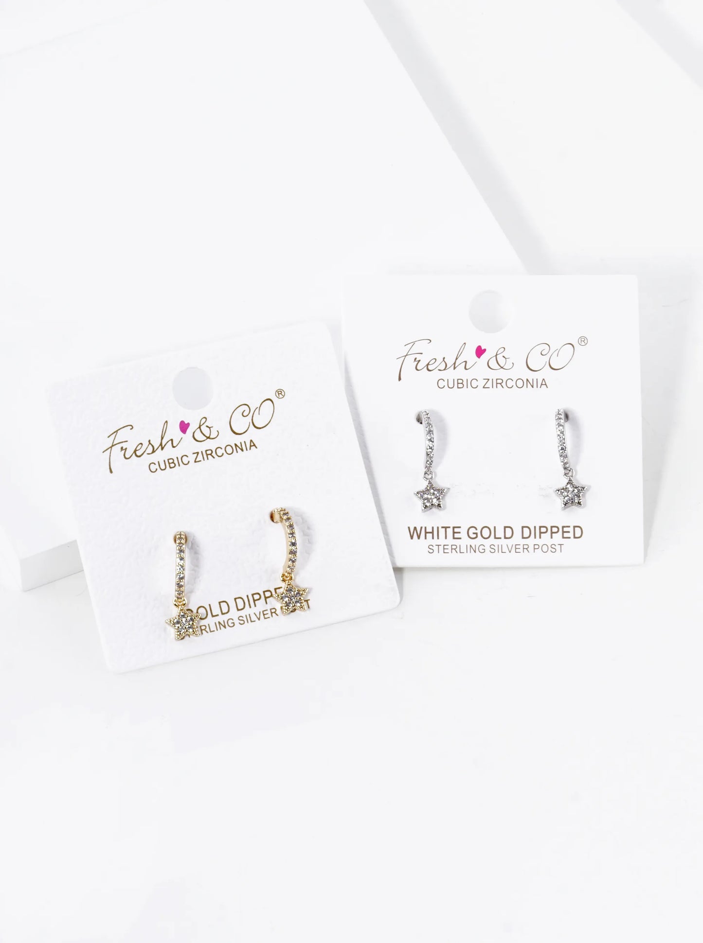White Gold Dipped CZ Pave Tiny Star Drop 12mm Open Huggie Hoop Earrings