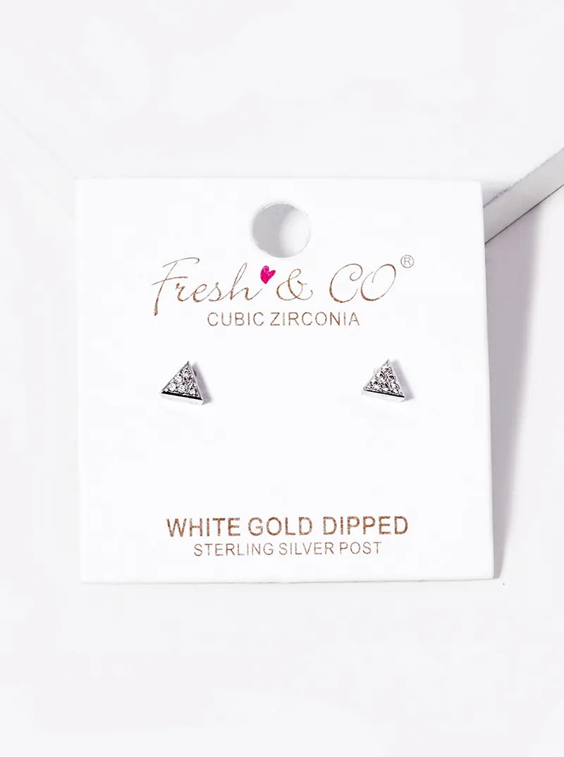 White Gold Dipped CZ Pave Triangle Stud Earrings