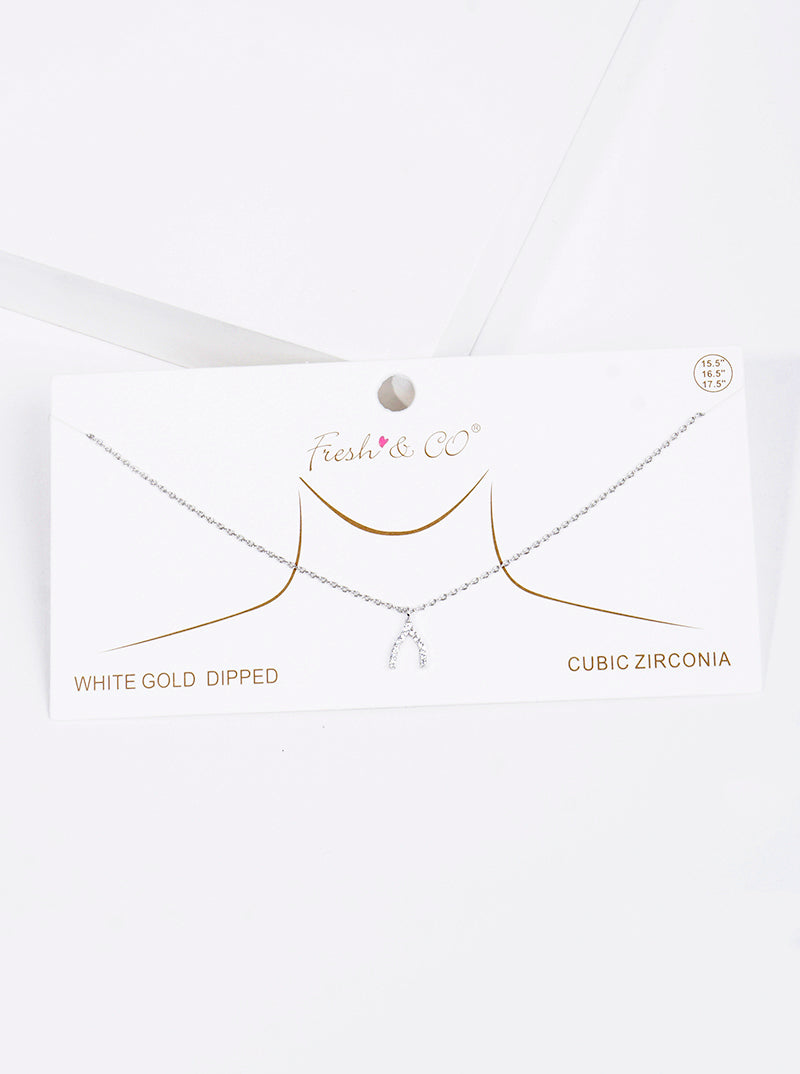 White Gold Dipped CZ Pave Wishbone Pendant Delicate Necklace