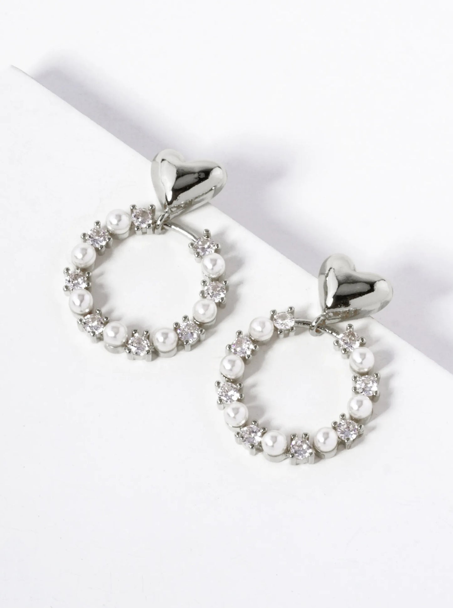White Gold Dipped CZ Pearl Beaded Circle Drop Heart Dangle Earrings