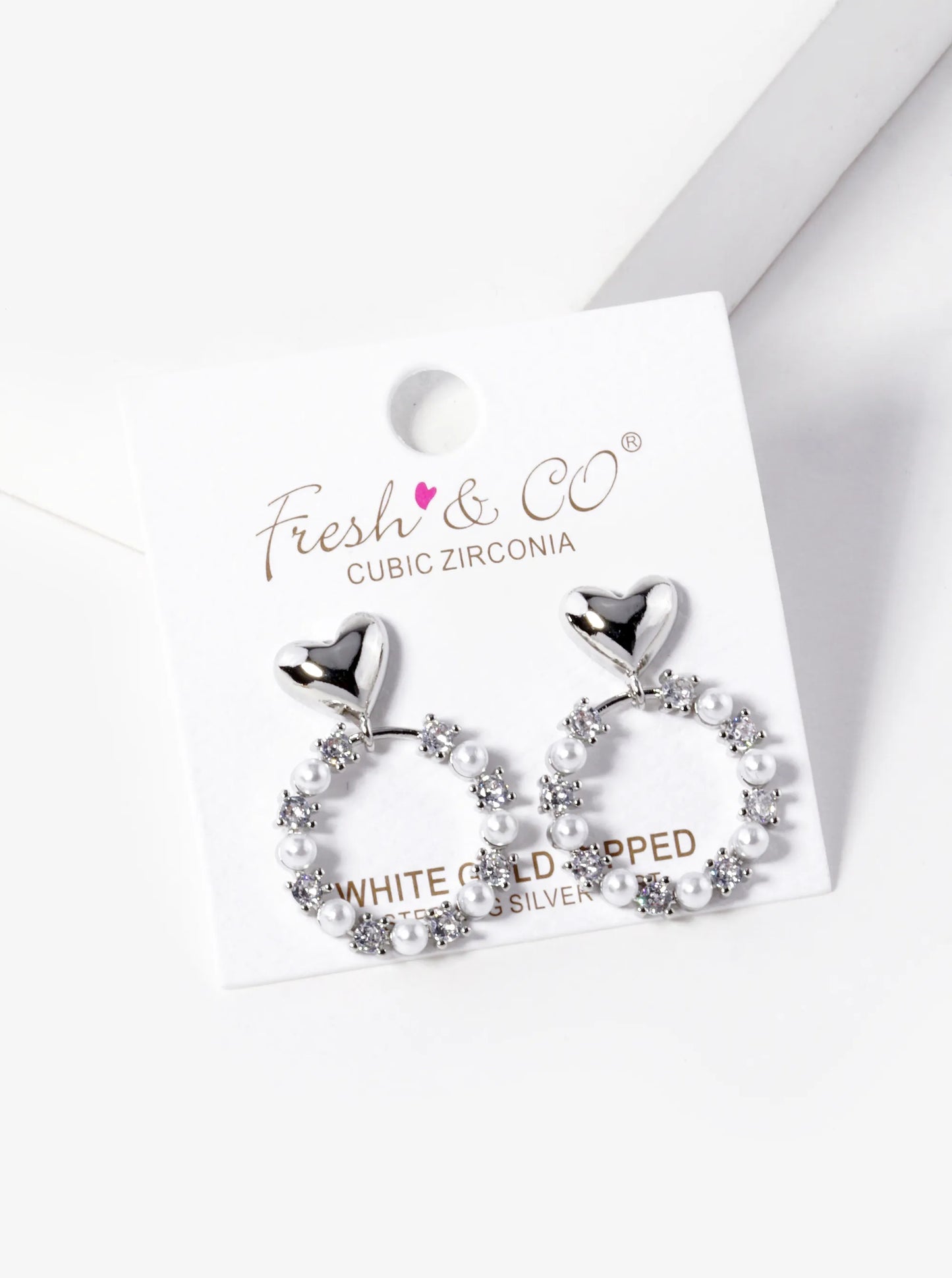 White Gold Dipped CZ Pearl Beaded Circle Drop Heart Dangle Earrings