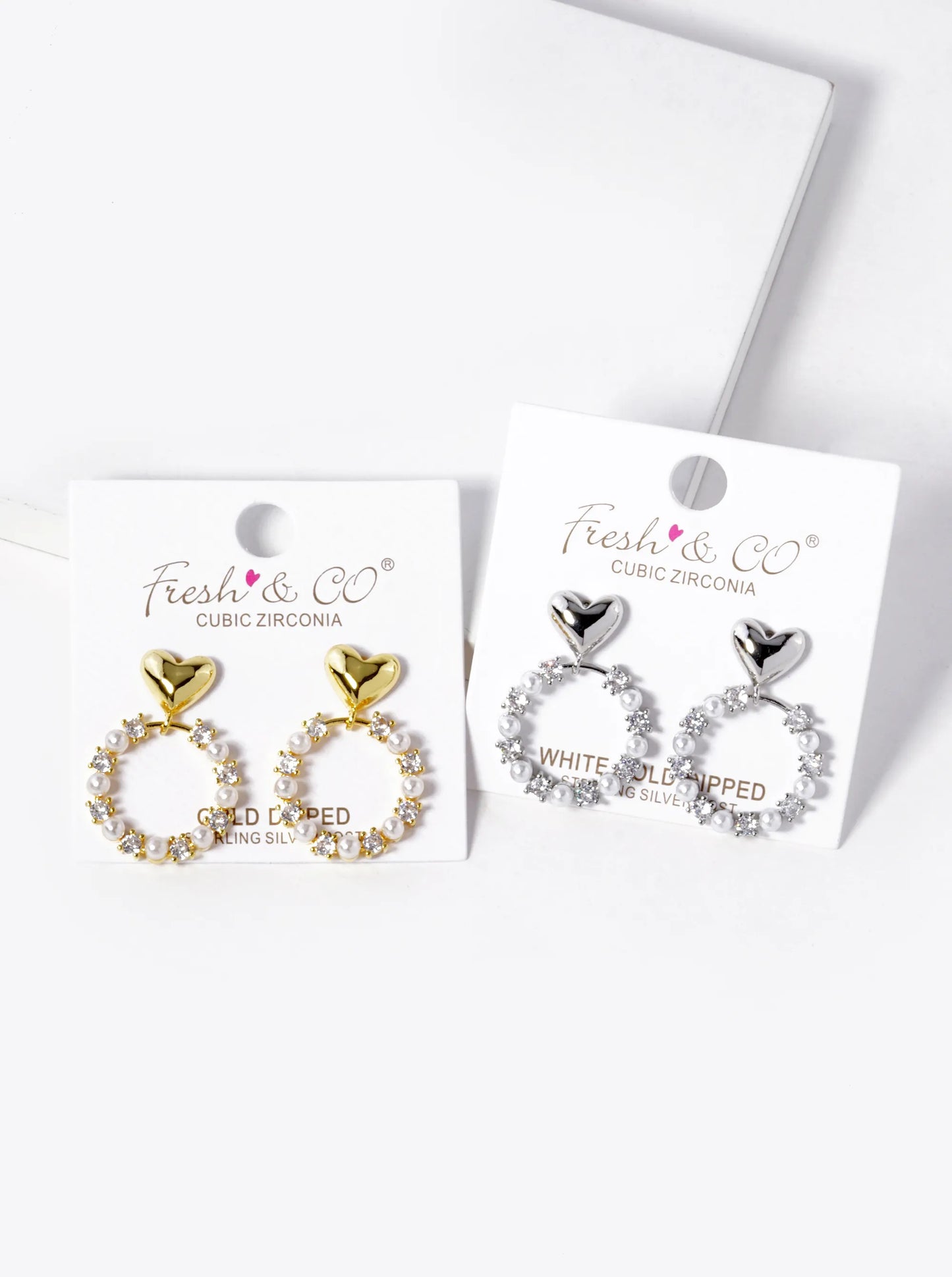White Gold Dipped CZ Pearl Beaded Circle Drop Heart Dangle Earrings