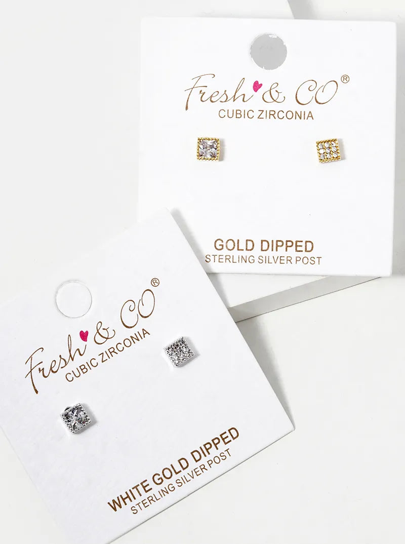 White Gold Dipped CZ Princess Stud Earrings