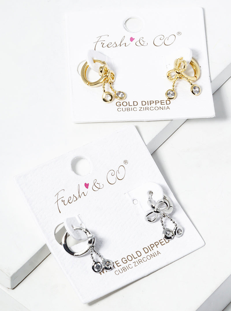 White Gold Dipped CZ Ribbon Bow Drop 8mm Huggie Hoop Earrings