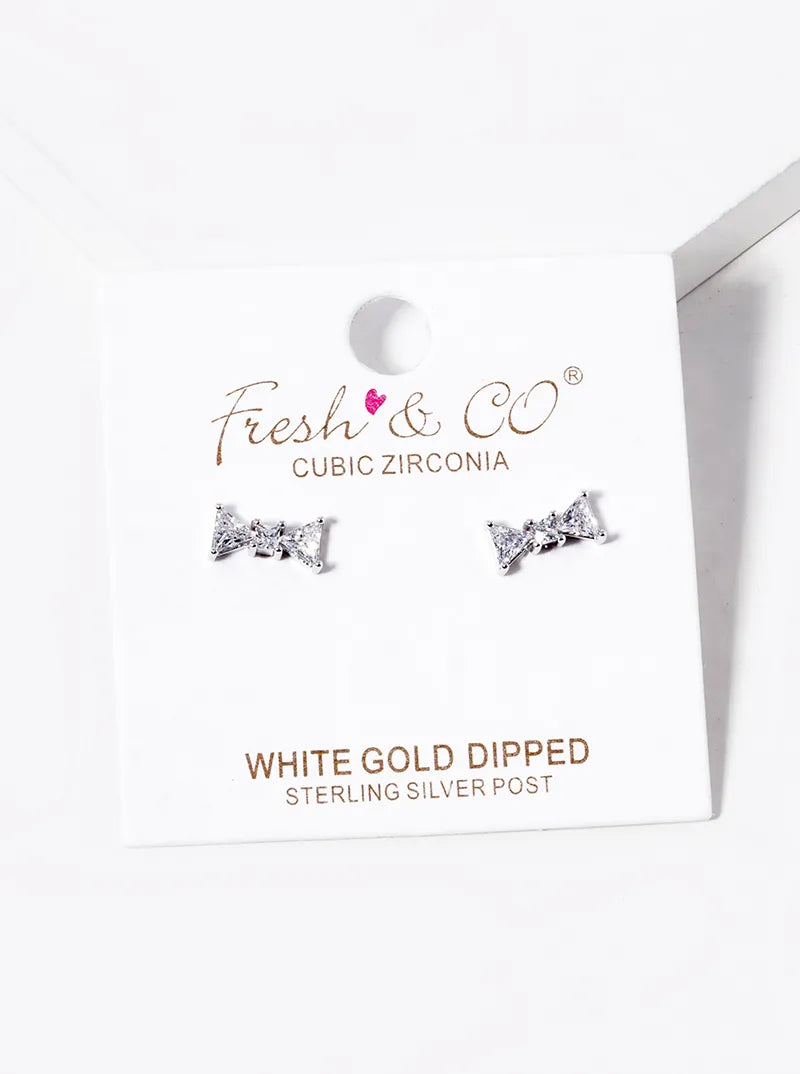 White Gold Dipped CZ Ribbon Bow Stud Earrings