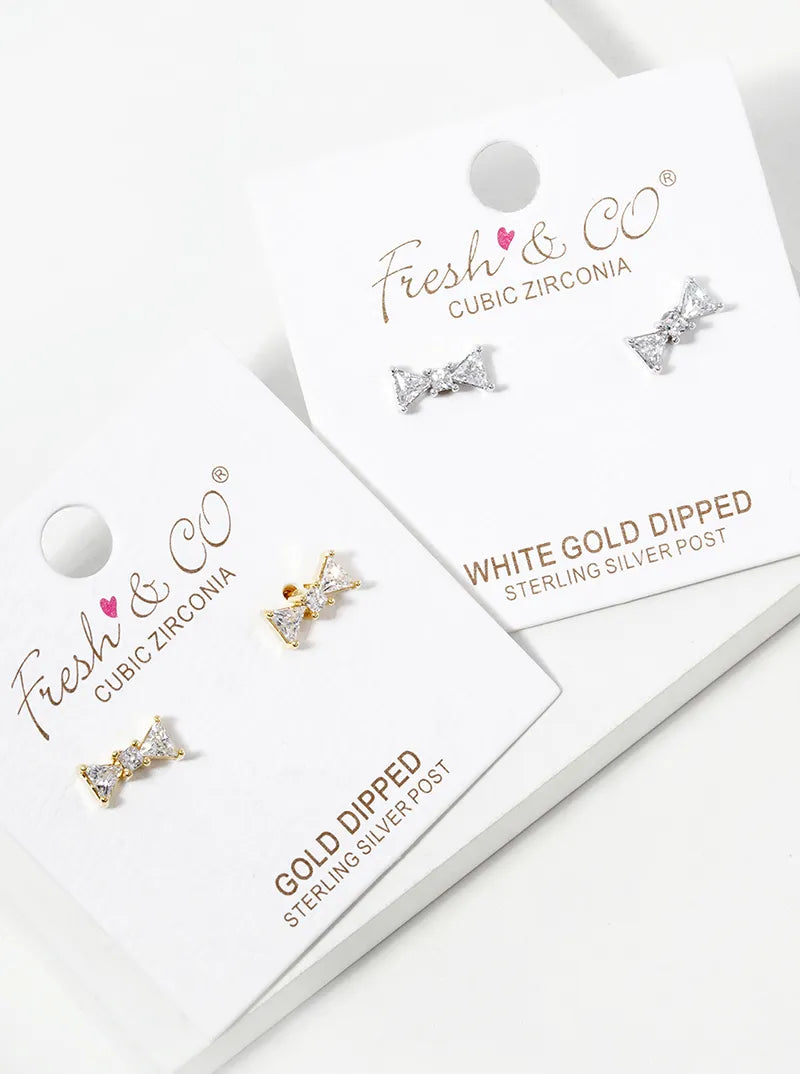 White Gold Dipped CZ Ribbon Bow Stud Earrings