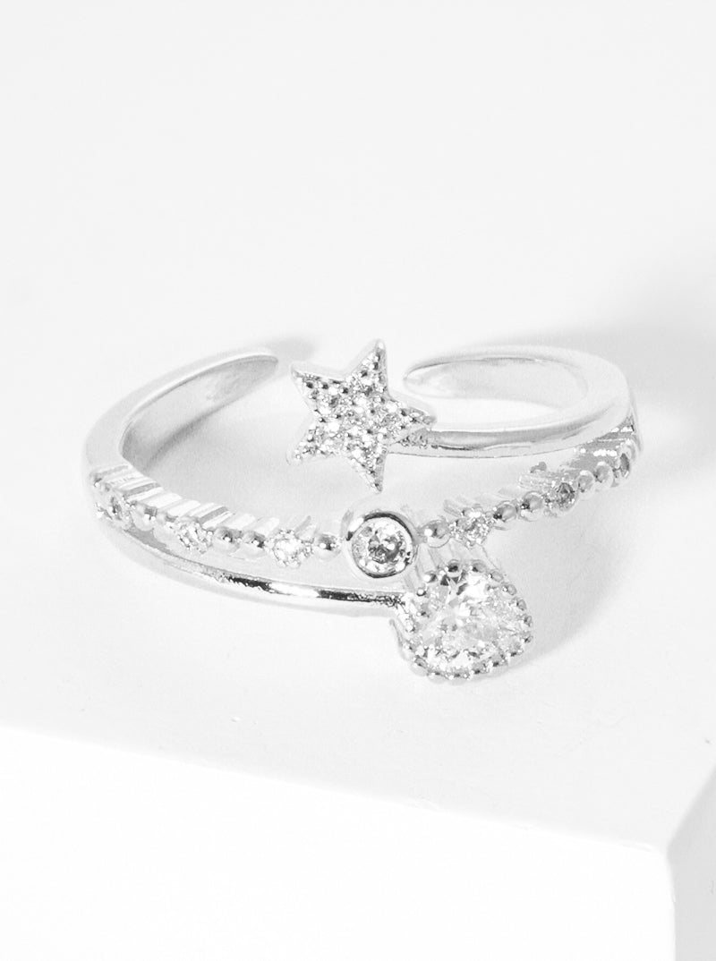 White Gold Dipped CZ Star And Heart Adjustable Cuff Ring