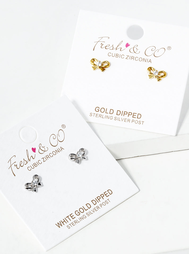 White Gold Dipped CZ Stone Ribbon Bow Post Stud Earrings