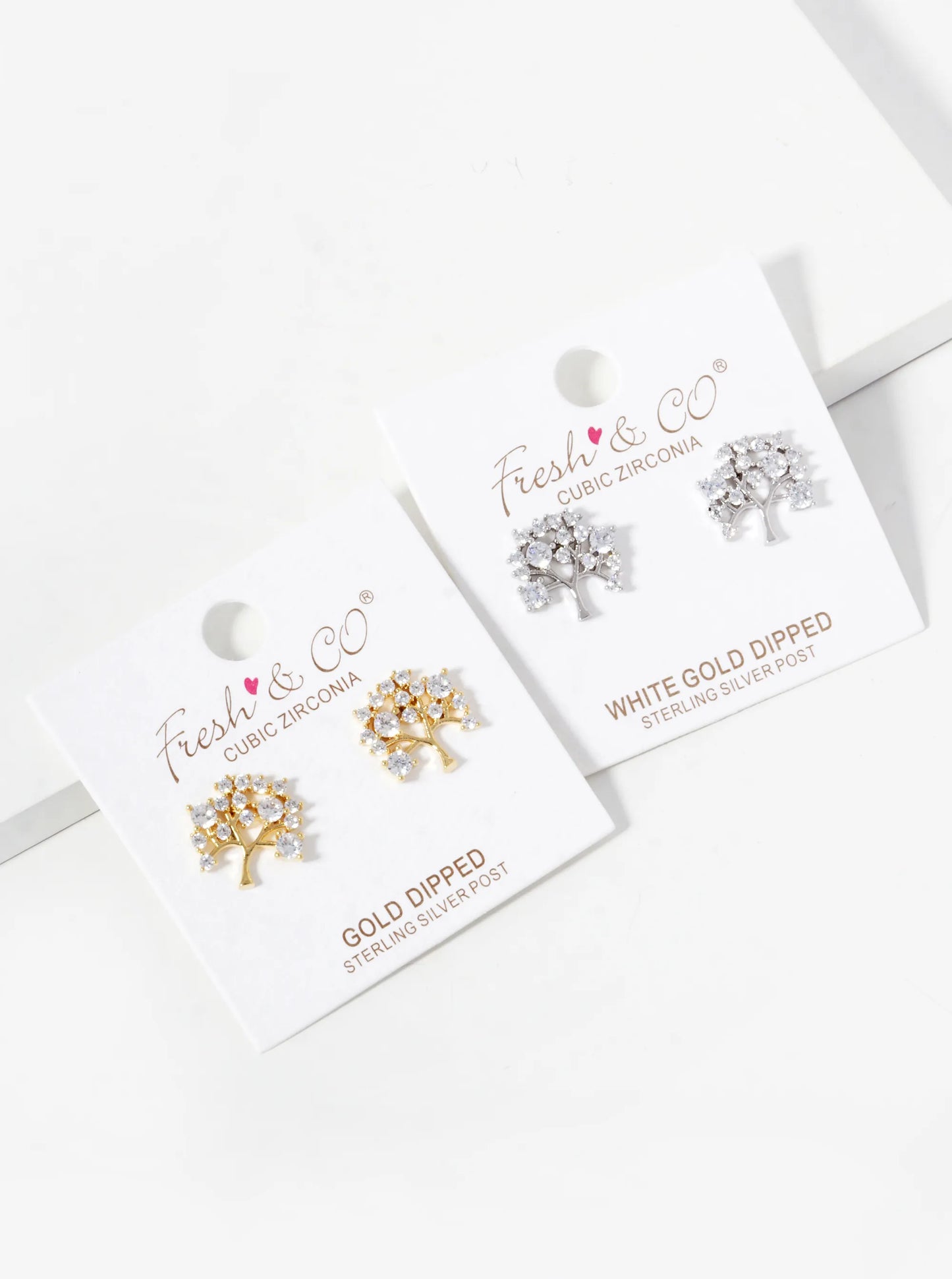 White Gold Dipped CZ Tree Of Life Stud Earrings