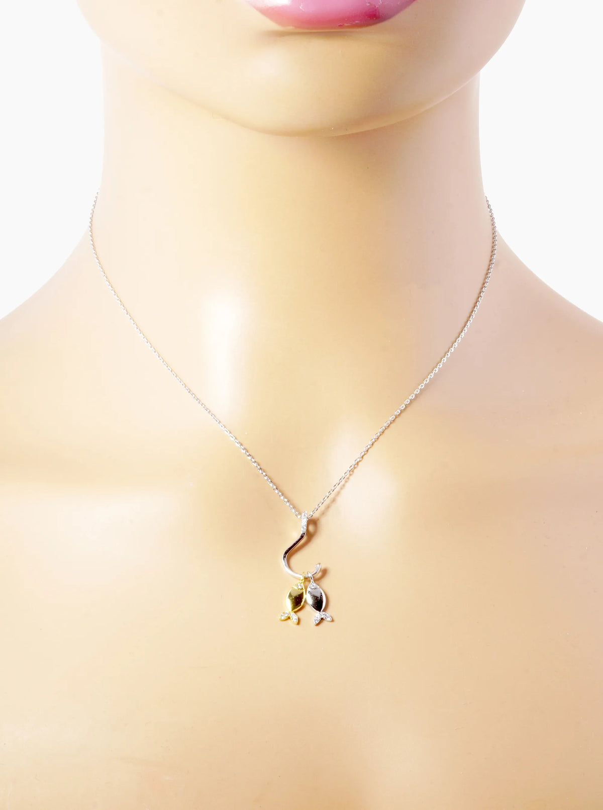 White Gold Dipped CZ Two Fish With A Hook Pendant Necklace