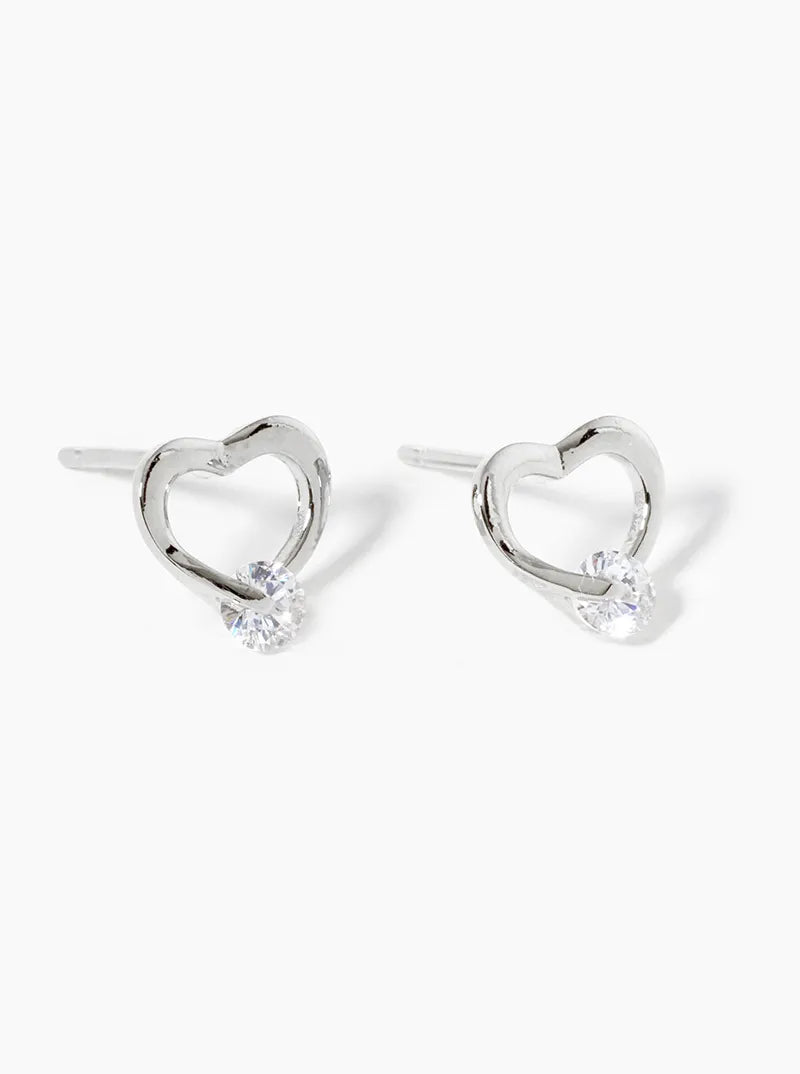 White Gold Dipped CZ Stone Delicate Heart Post Stud Earrings
