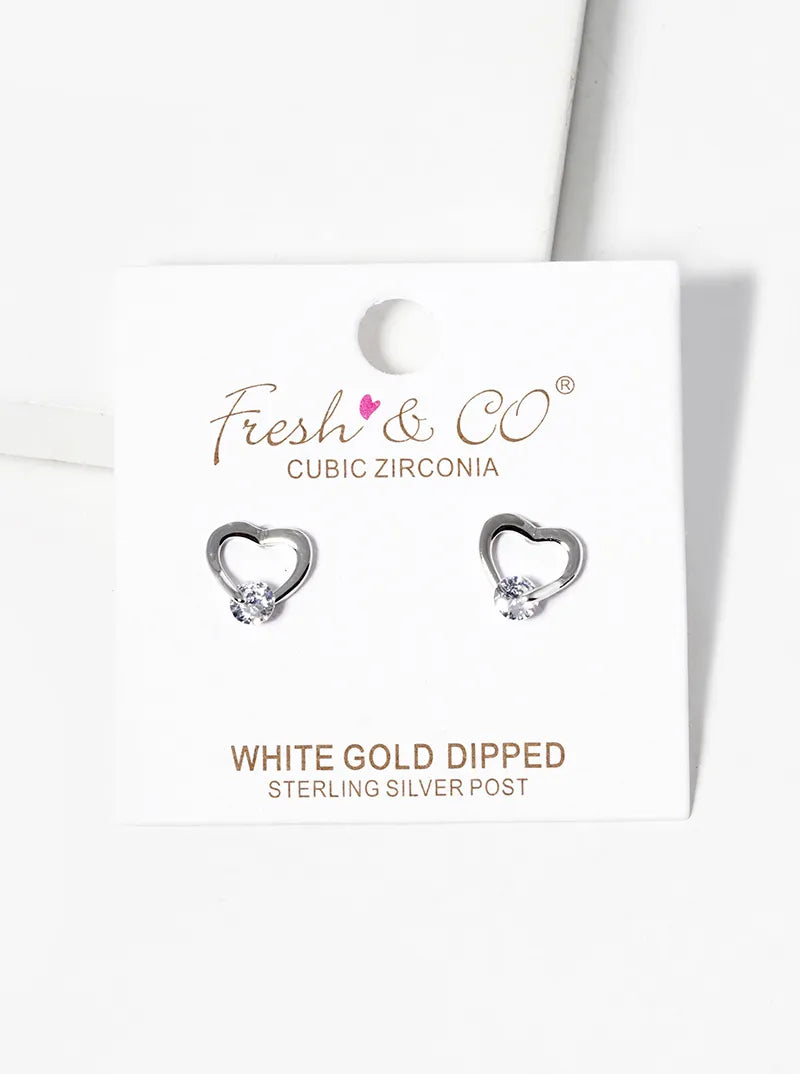 White Gold Dipped CZ Stone Delicate Heart Post Stud Earrings