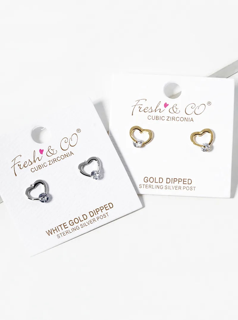 White Gold Dipped CZ Stone Delicate Heart Post Stud Earrings