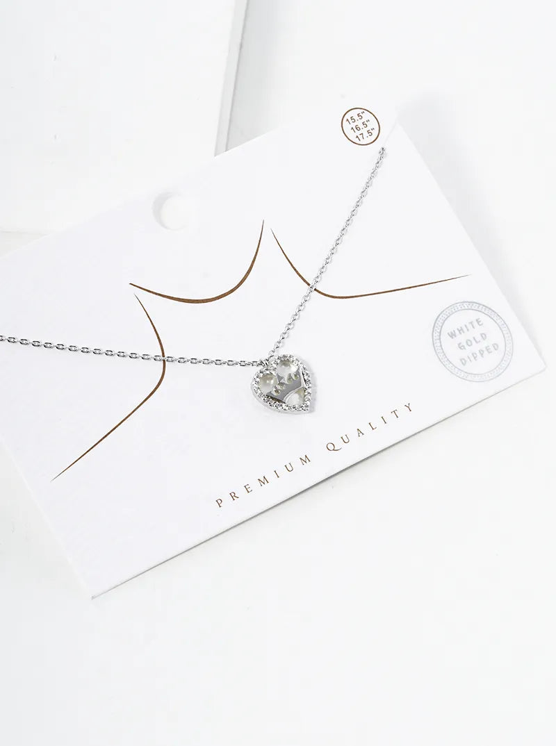 White Gold Dipped Crown In CZ Pave MOP Heart Pendant Necklace