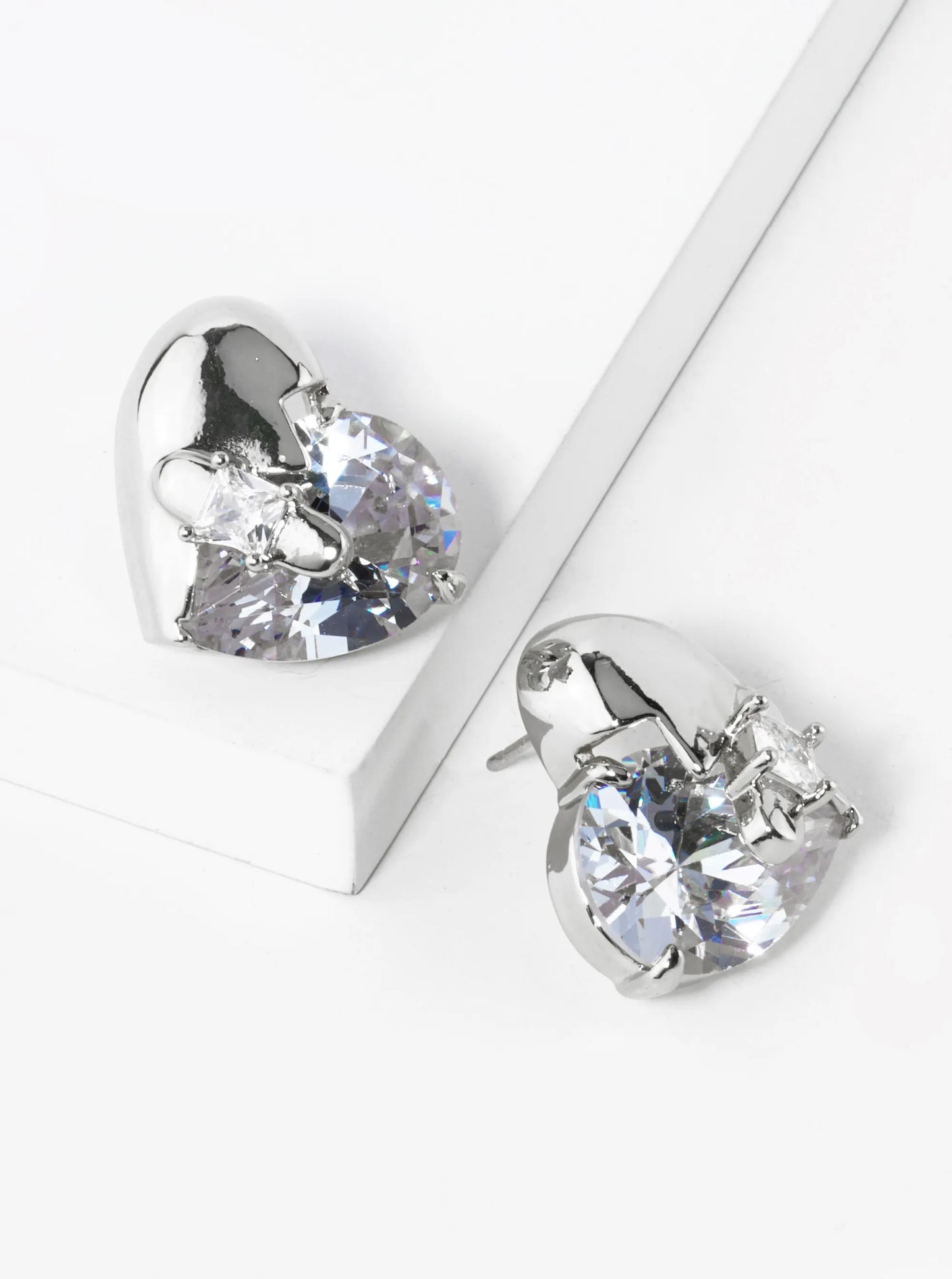 White Gold Dipped Cubic Zirconia Heart Stud Earrings