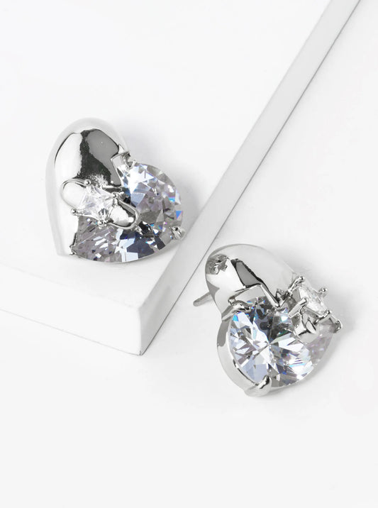 White Gold Dipped Cubic Zirconia Heart Stud Earrings