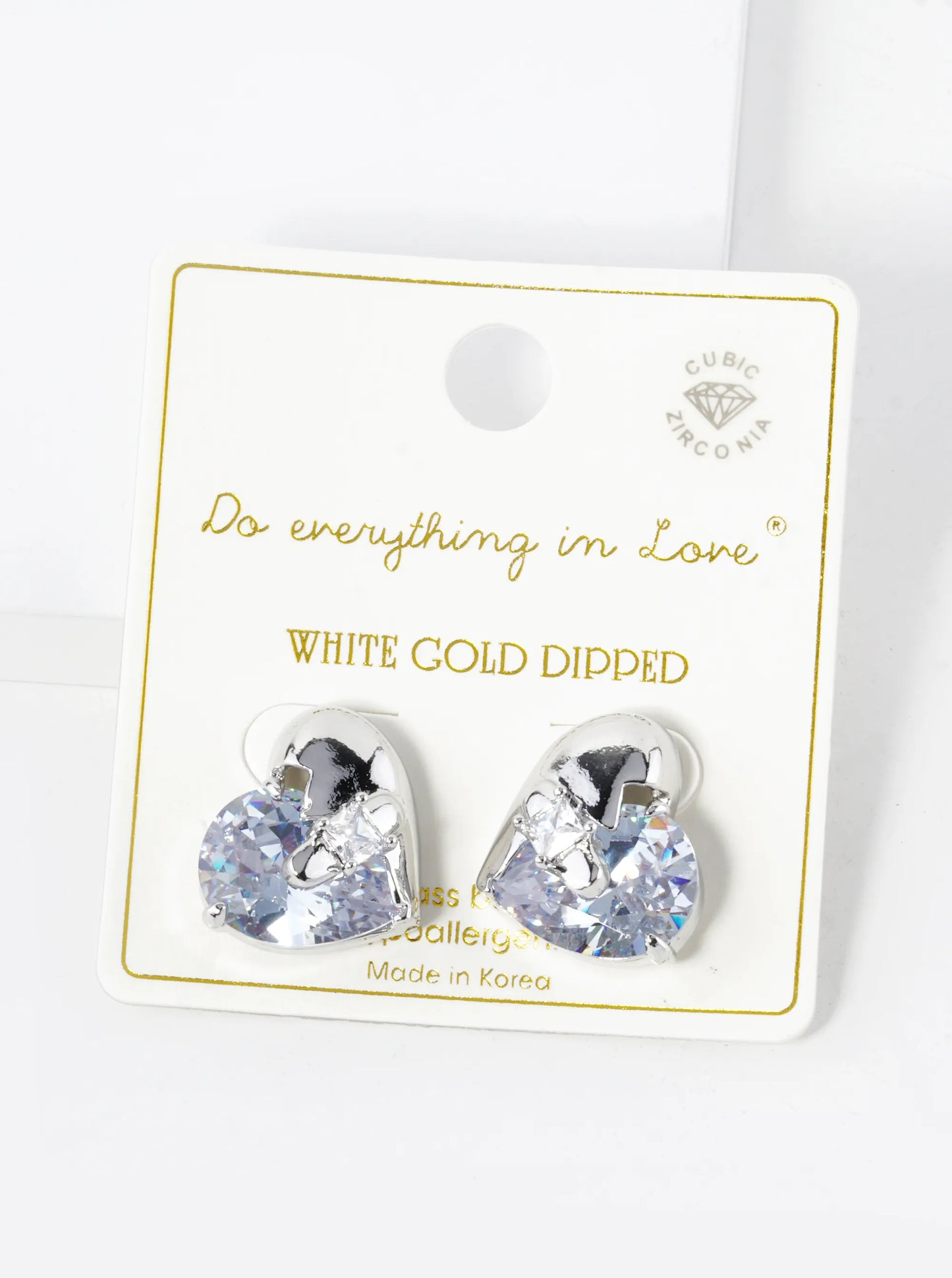 White Gold Dipped Cubic Zirconia Heart Stud Earrings