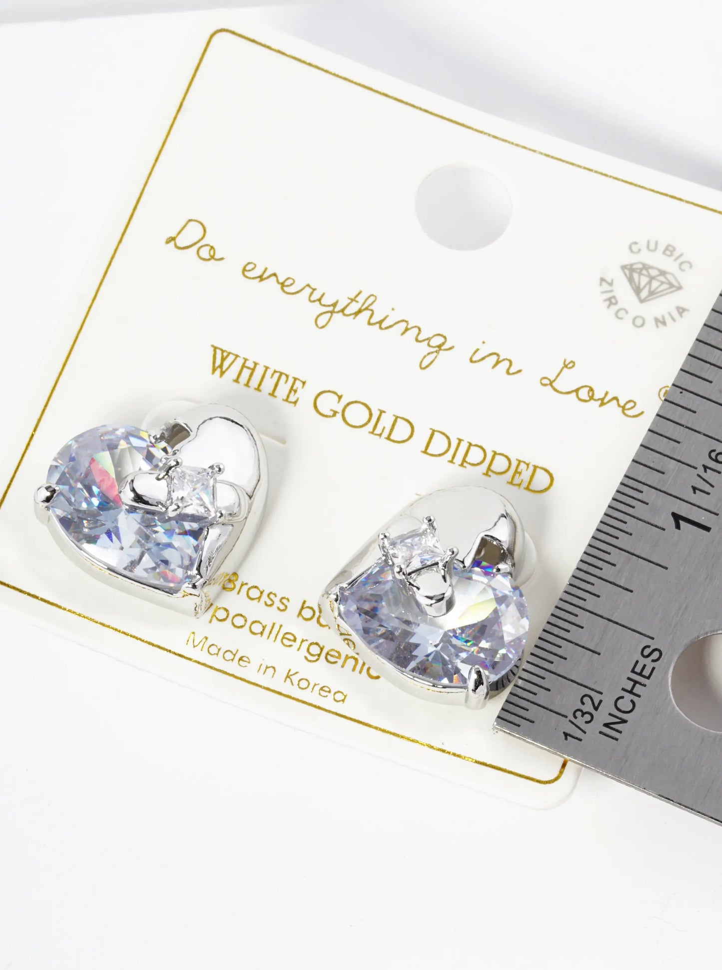 White Gold Dipped Cubic Zirconia Heart Stud Earrings