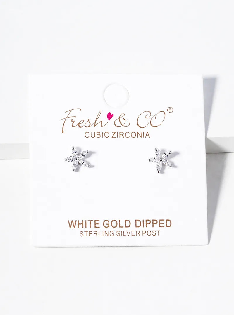 White Gold Dipped Dainty CZ Flower Post Stud Earrings