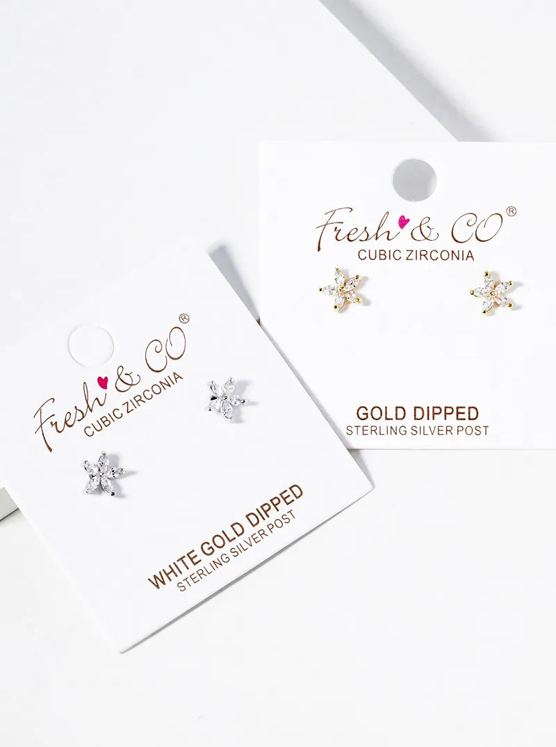 White Gold Dipped Dainty CZ Flower Post Stud Earrings