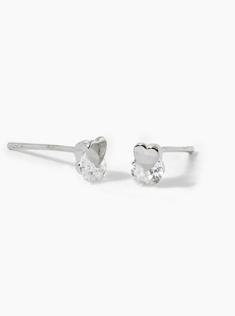 White Gold Dipped Dainty CZ Stone Heart Stud Earrings