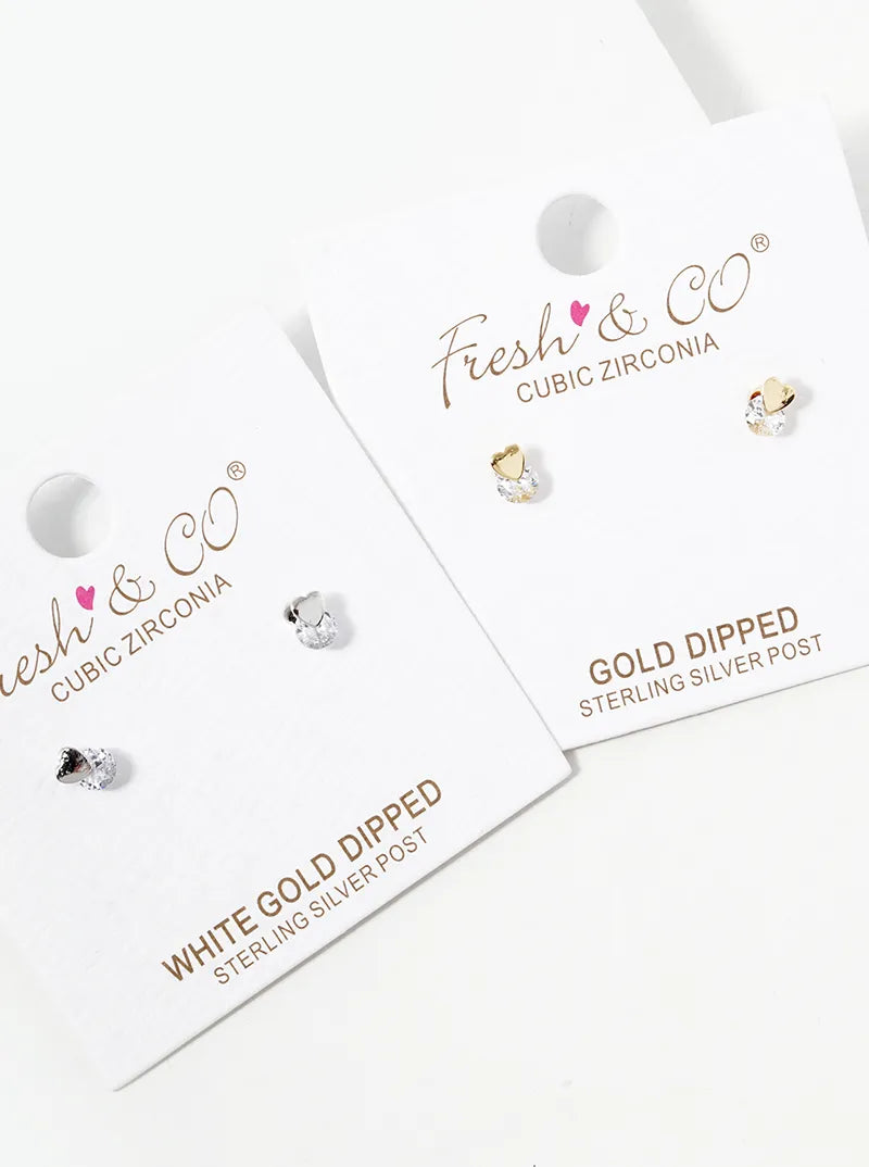 White Gold Dipped Dainty CZ Stone Heart Stud Earrings