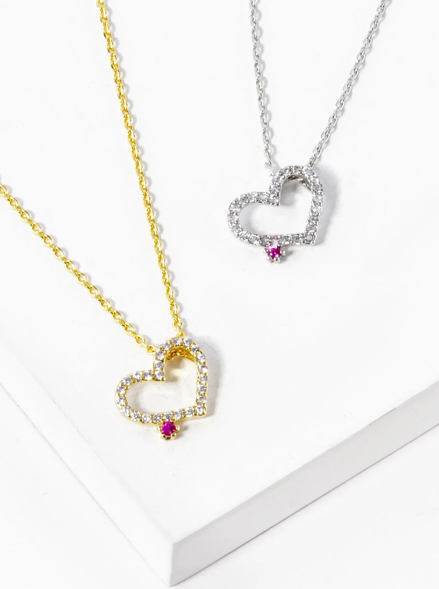 White Gold Dipped Dainty Heart With Pink Stone Pendant Necklace