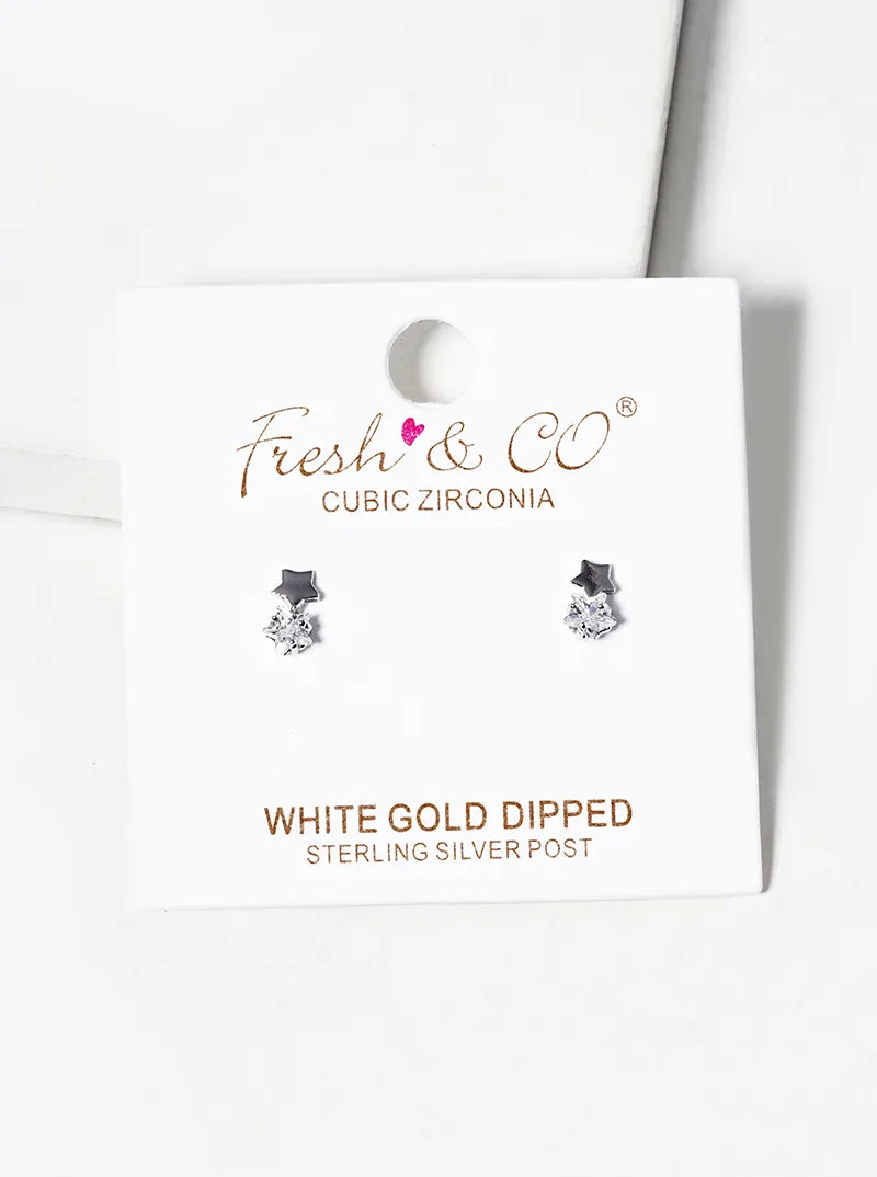 White Gold Dipped Delicate CZ Double Stars Post Stud Earrings