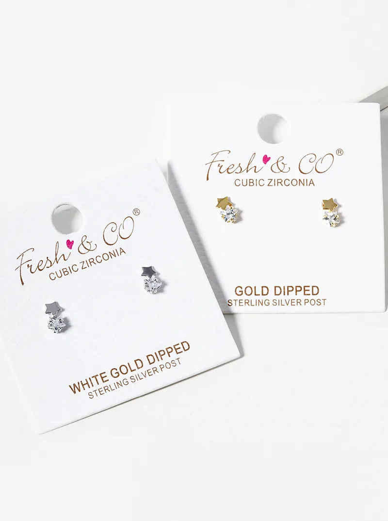 White Gold Dipped Delicate CZ Double Stars Post Stud Earrings