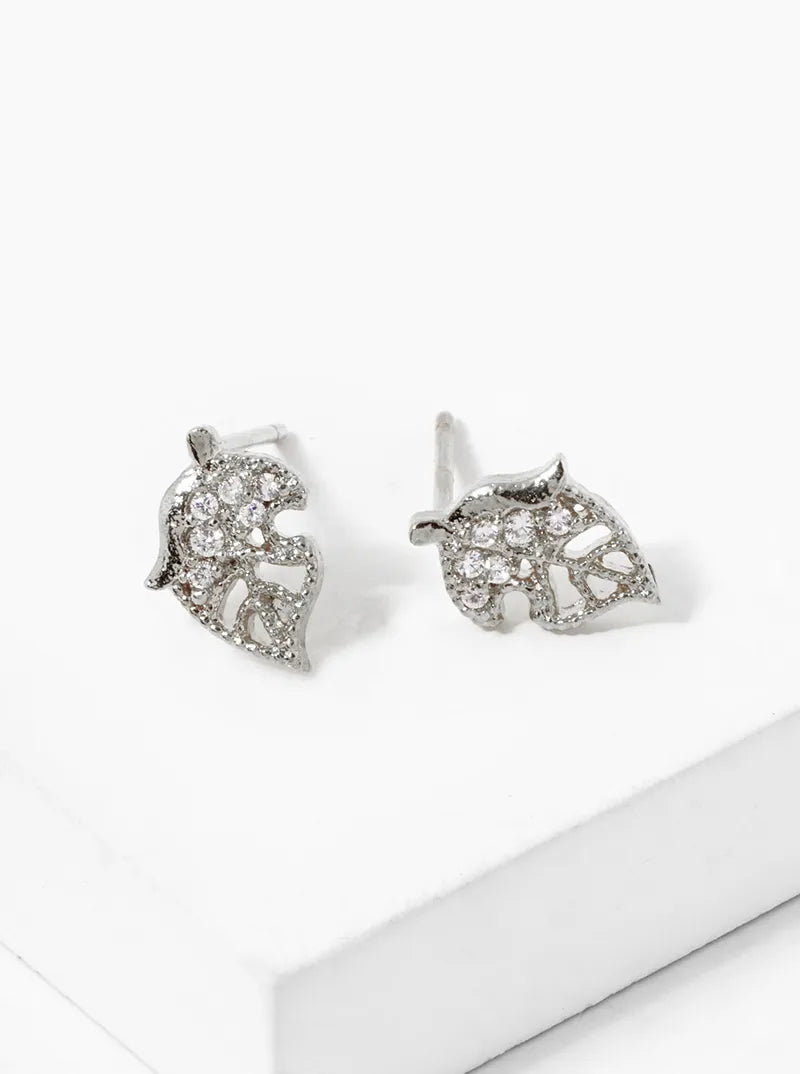 18k Gold Dipped Delicate CZ Pave Leaf Stud Earrings