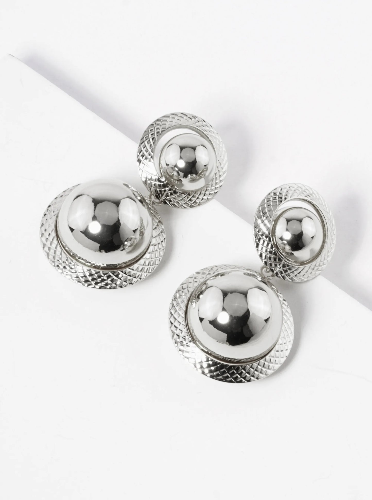 White Gold Dipped Double Hollow Ball Drop Earrings