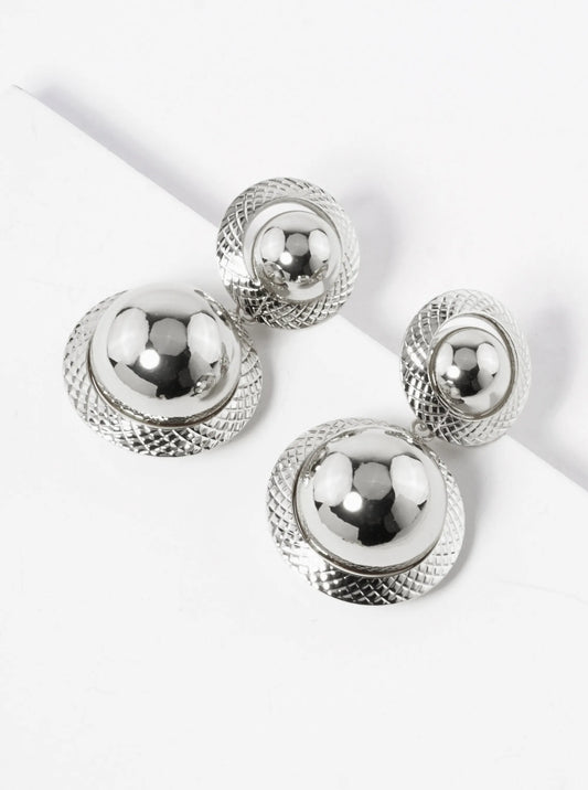 White Gold Dipped Double Hollow Ball Drop Earrings
