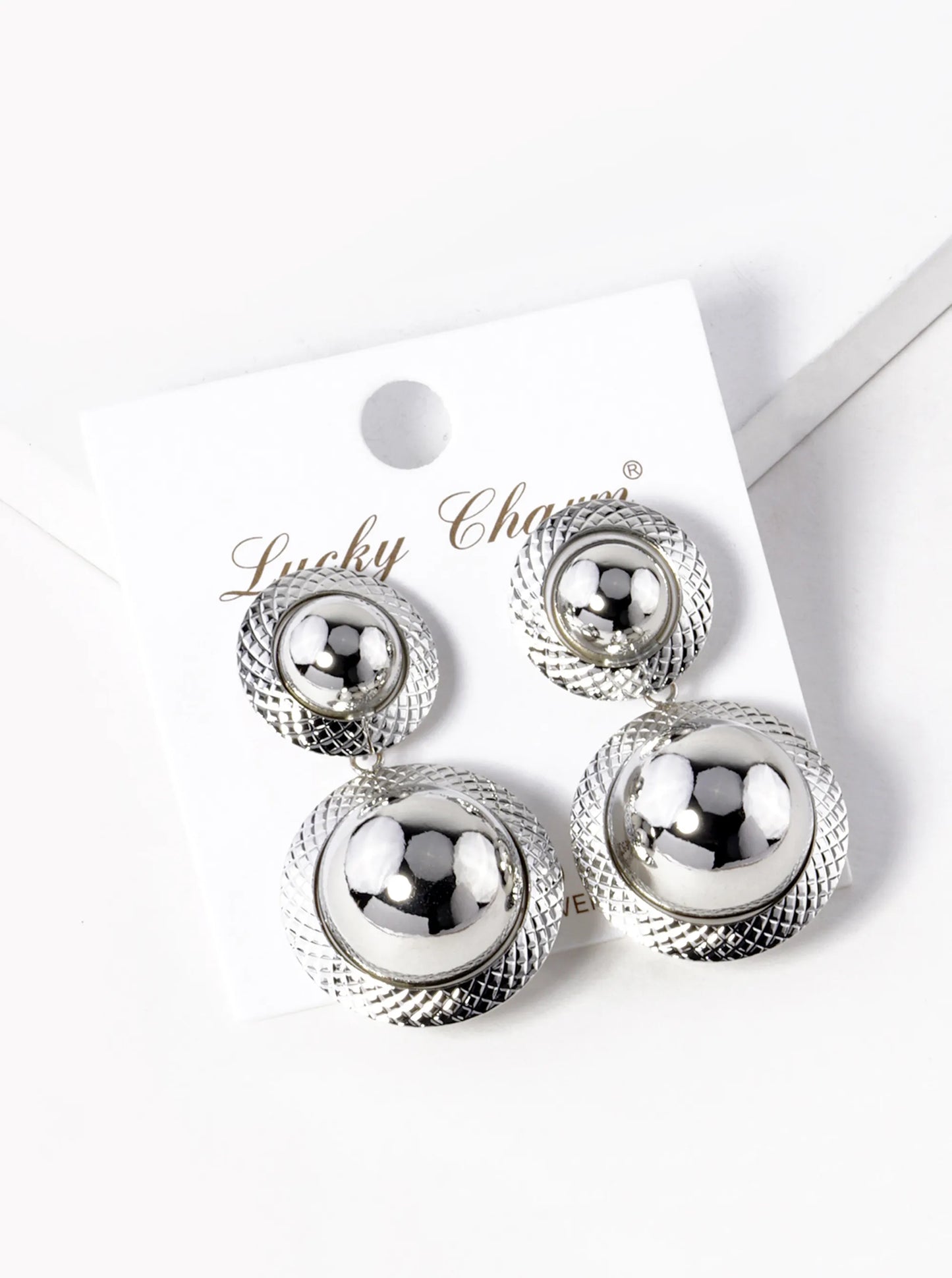 White Gold Dipped Double Hollow Ball Drop Earrings