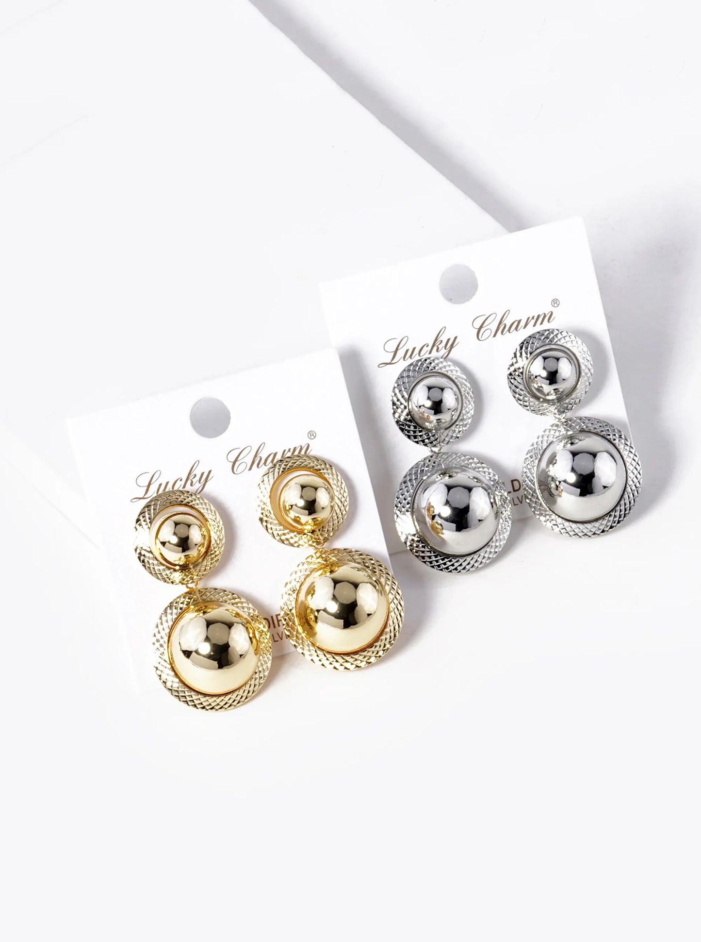 White Gold Dipped Double Hollow Ball Drop Earrings