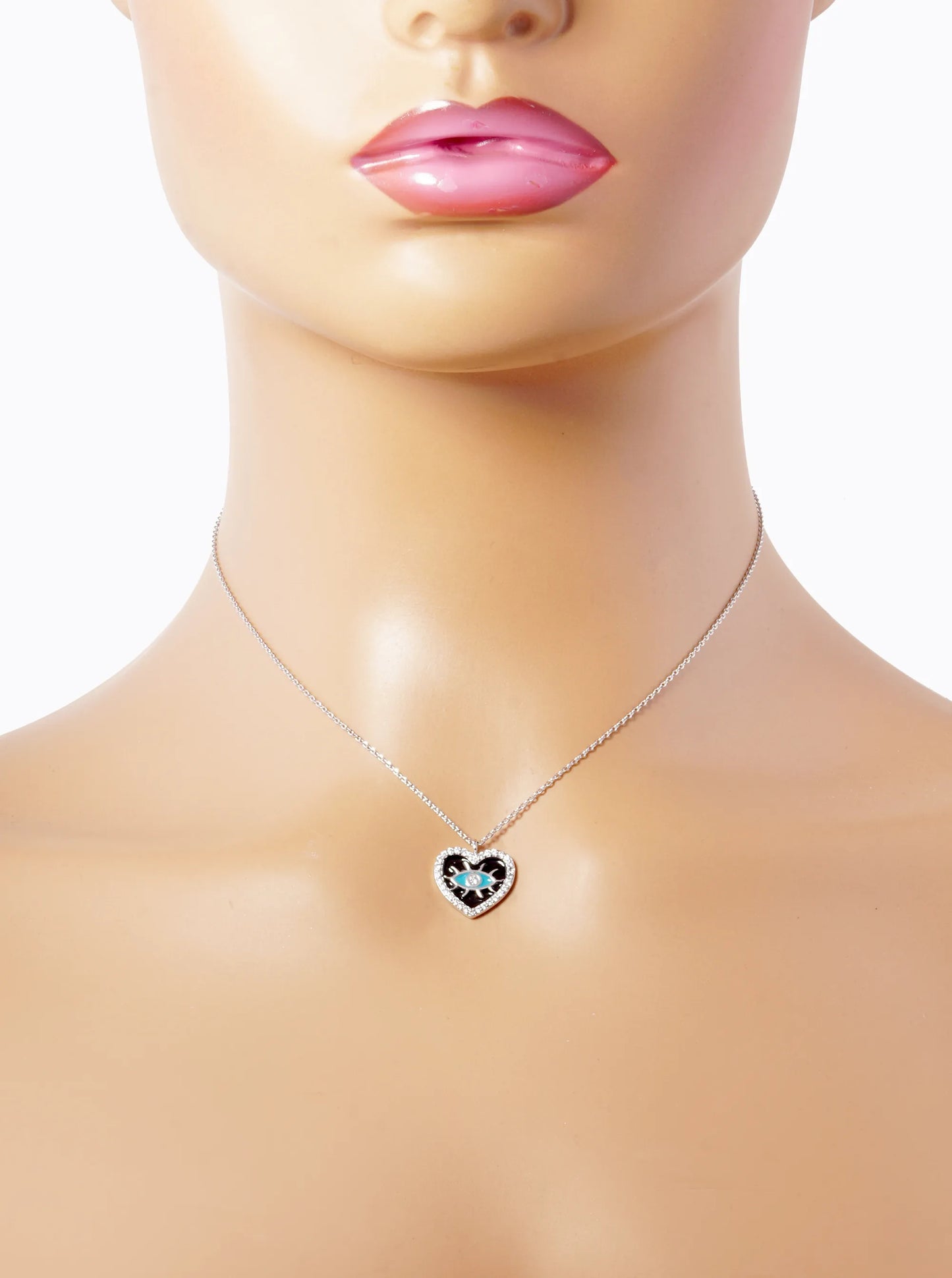 White Gold Dipped Enamel Evil Eye In CZ Pave Heart Pendant Necklace