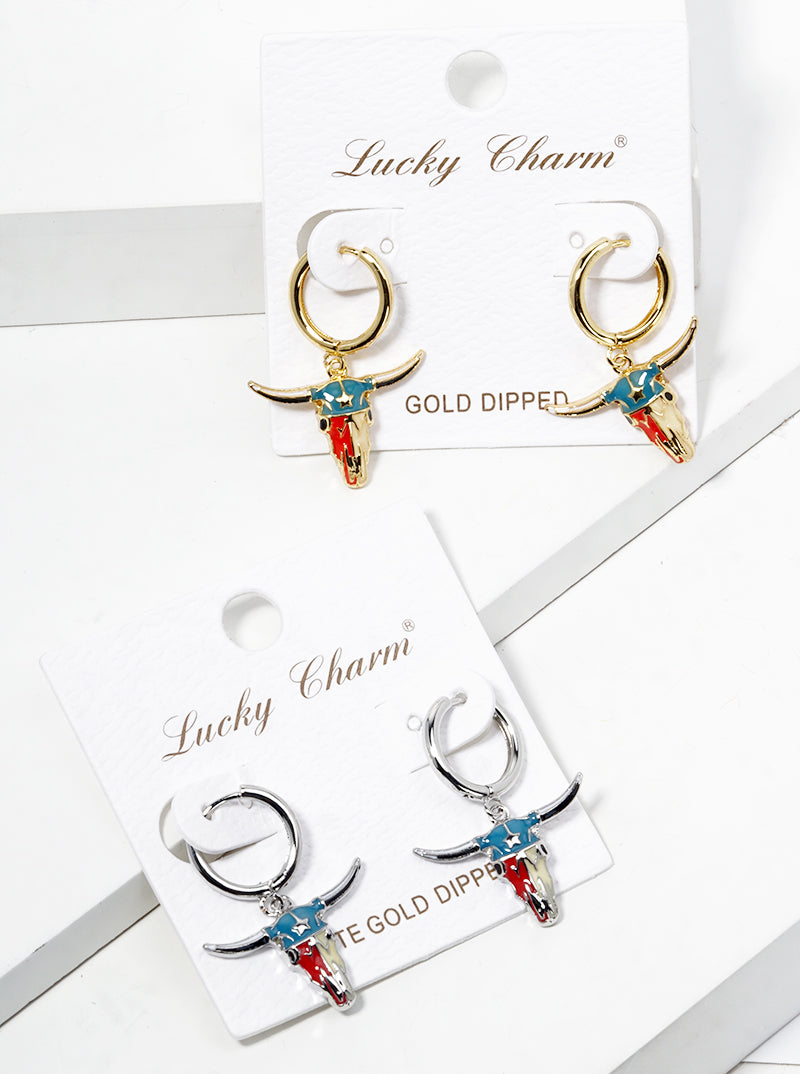 White Gold Dipped Enamel Filled Bull Head Drop 12mm Huggie Hoop Earrings