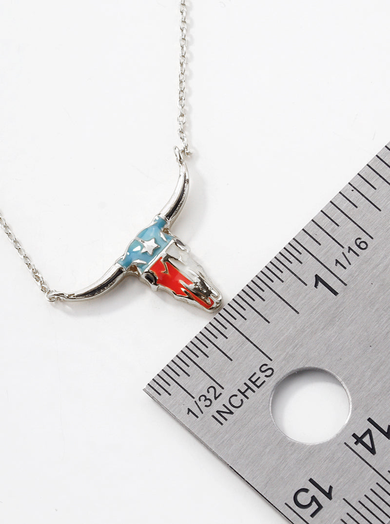 White Gold Dipped Enamel Filled Bull Head Pendant Necklace