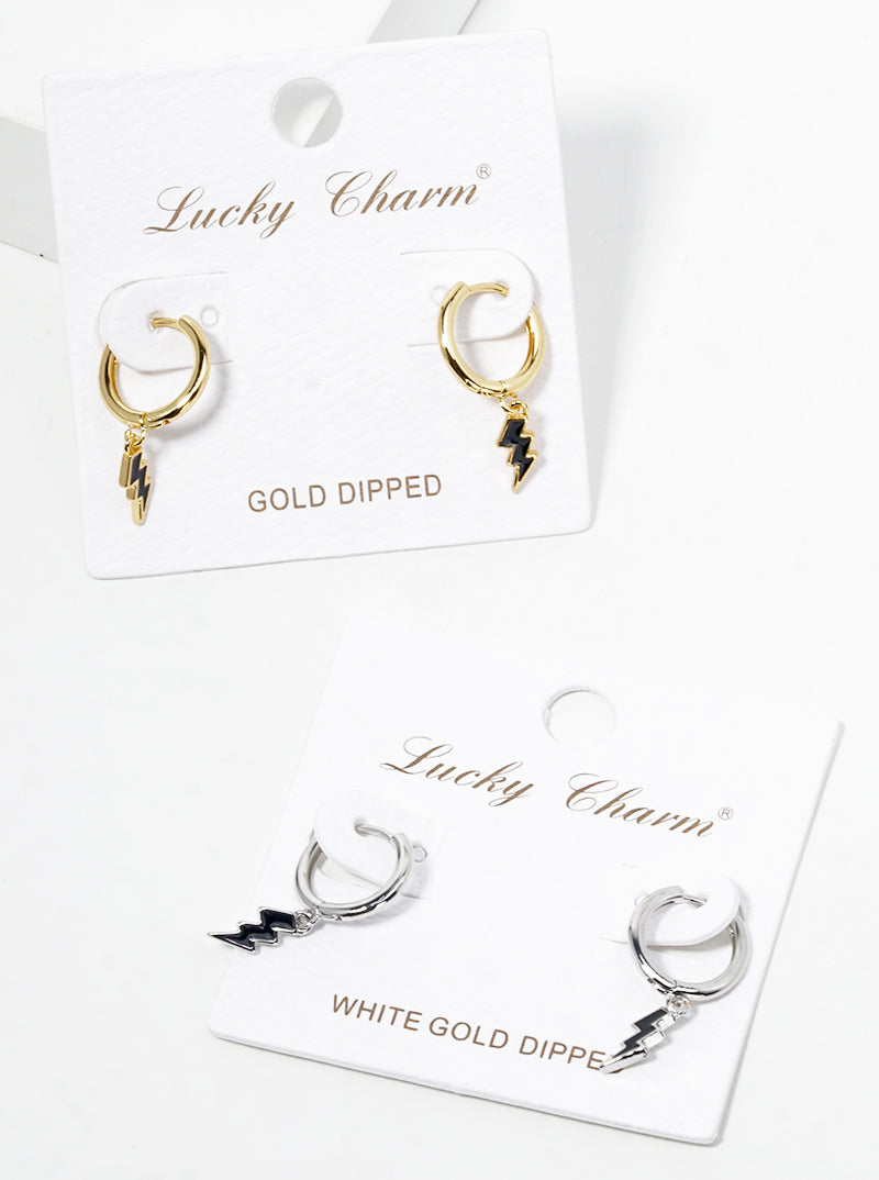 White Gold Dipped Enamel Filled Lightning Drop 10mm Huggie Hoop Earrings