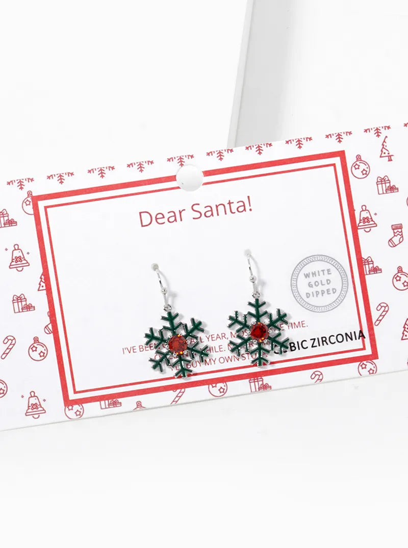 White Gold Dipped Enamel Filled Snowflake Dangle Earrings