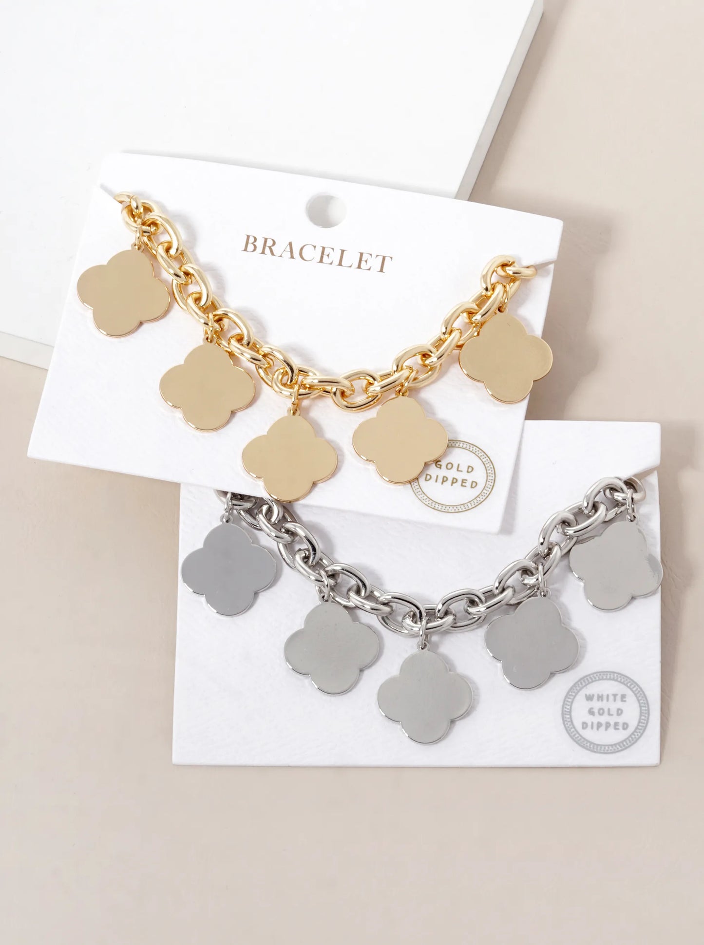 White Gold Dipped Five Brass Quatrefoil Charms Chain Bracelet