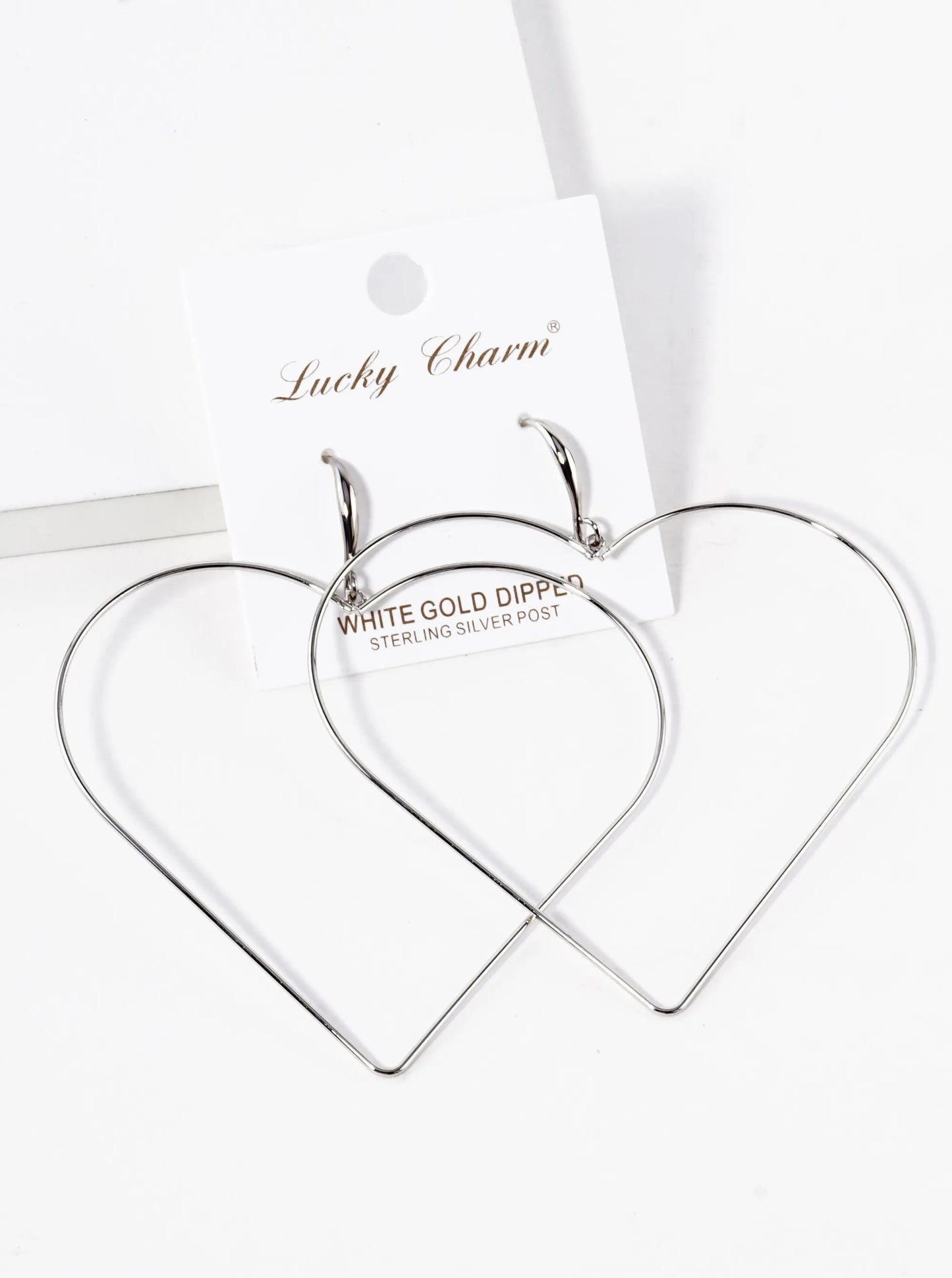 White Gold Dipped Giant Wire Heart Drop Lightweight Earrings