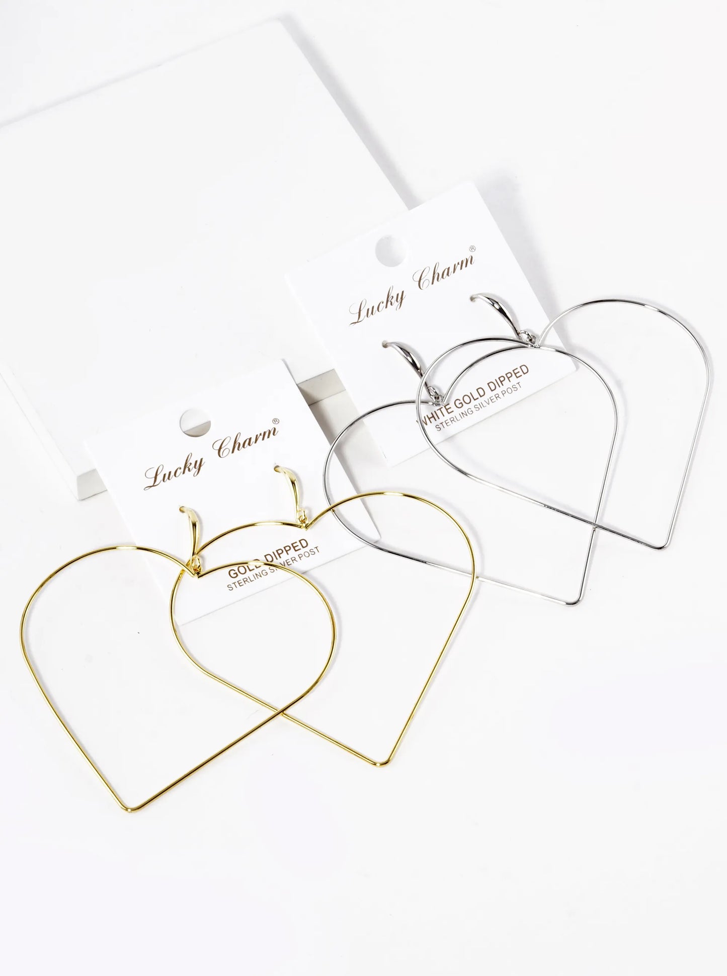 White Gold Dipped Giant Wire Heart Drop Lightweight Earrings
