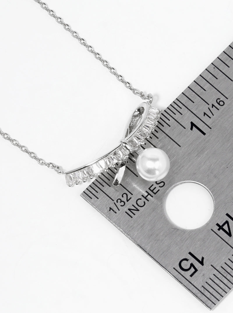 White Gold Dipped Glass Pearl CZ Pave Ribbon Bow Pendant Necklace