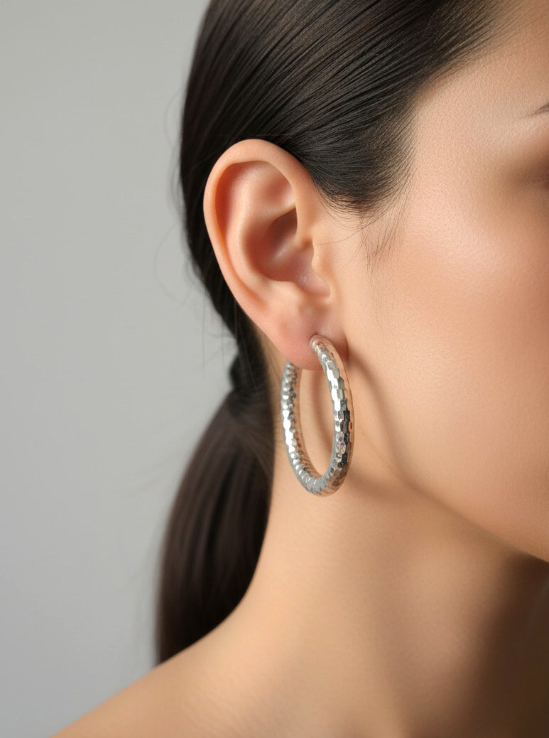 White Gold Dipped Hammered Open Hoop Earrings