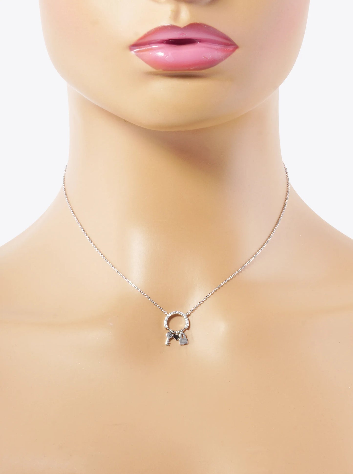 White Gold Dipped Heart Key And Padlock Drop CZ Pave Circle Pendant Necklace