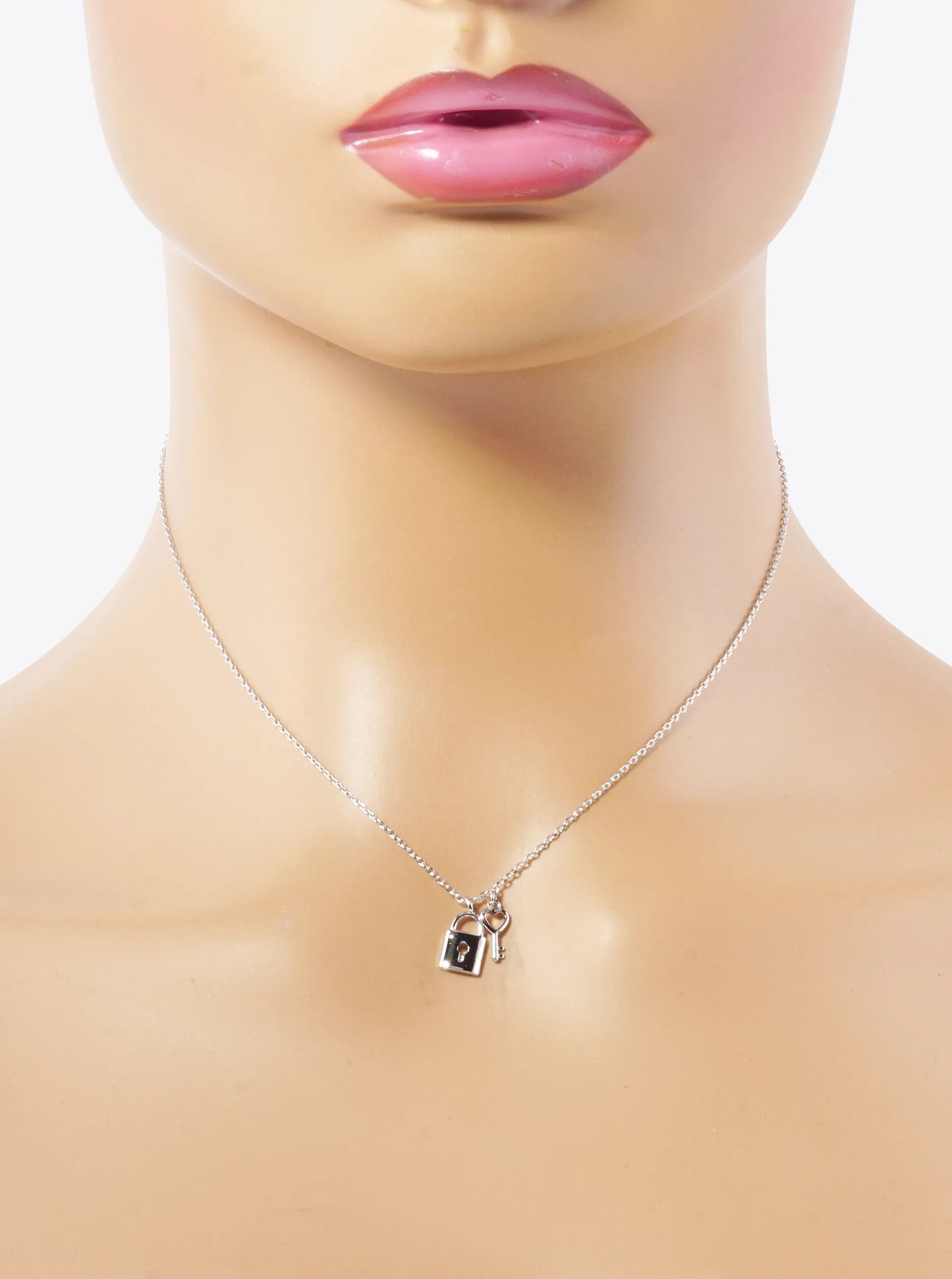 White Gold Dipped Heart Shaped Key And Padlock Pendant Necklace