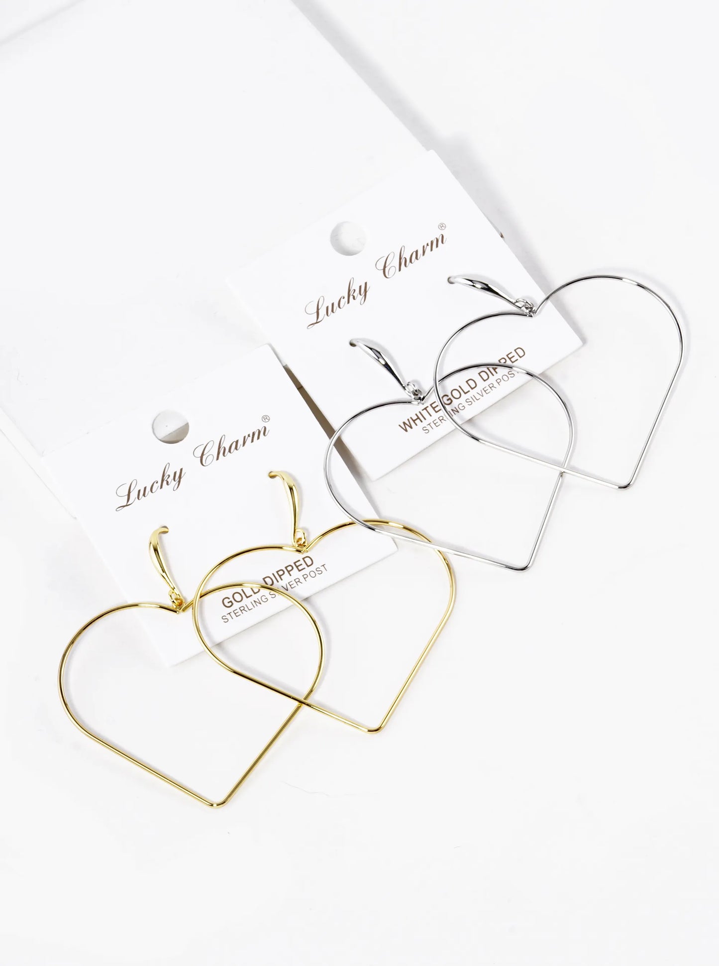 White Gold Dipped Large Wire Heart Drop Lightweight Earrings