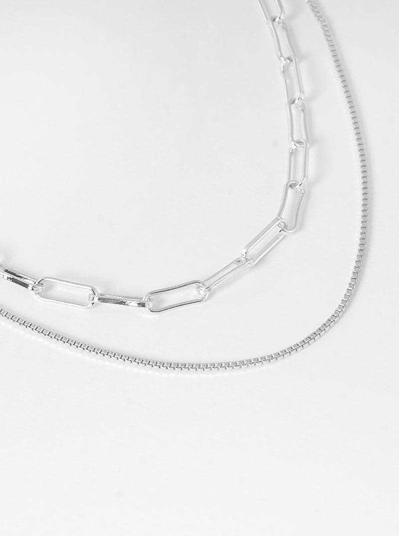 White Gold Dipped Layered Metal Chain Necklace