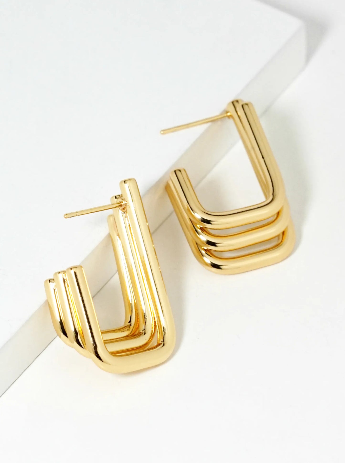 White Gold Dipped Layered Rectangle Open Hoop Earrings