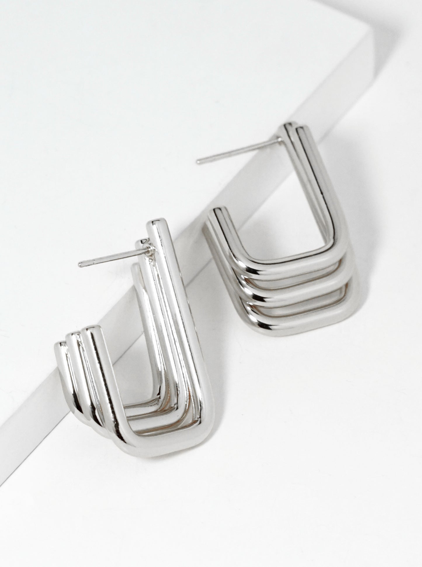White Gold Dipped Layered Rectangle Open Hoop Earrings